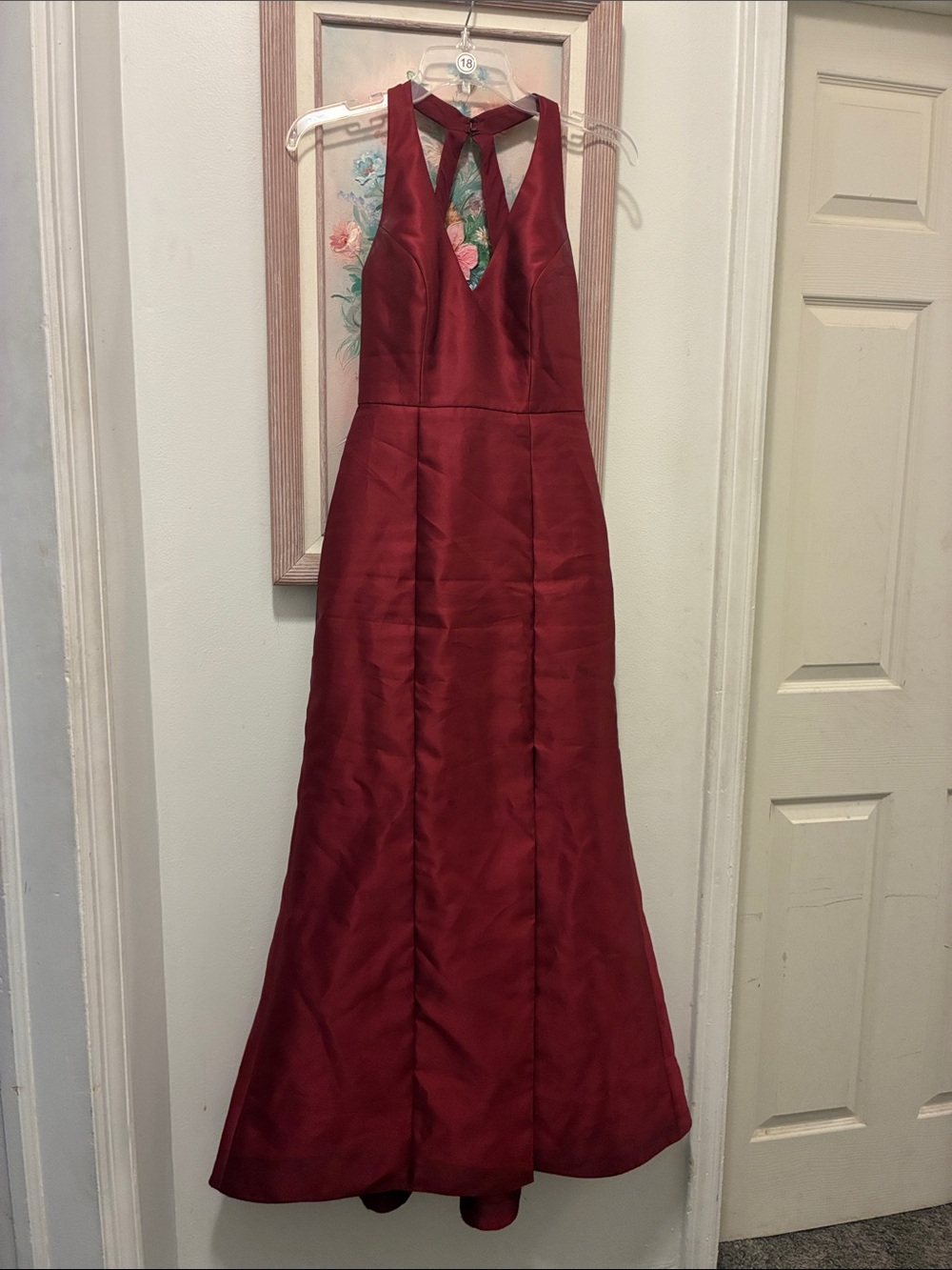 ALFRED SUNG Burgundy Halter Satin Evening Gown